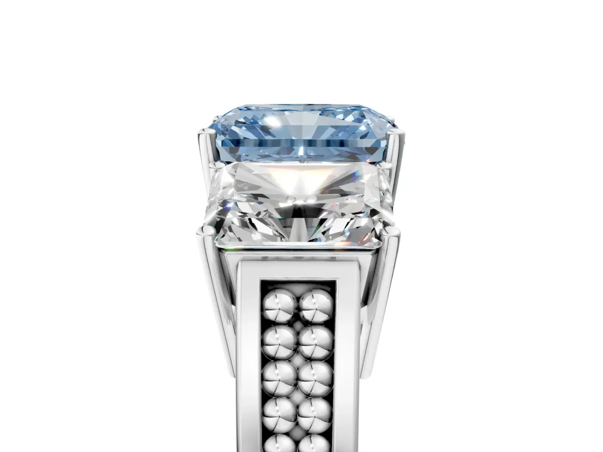 Fancy Blue Radiant Cut Diamond Three-Stone Ring with Prong Setting and Textured Band Platinum