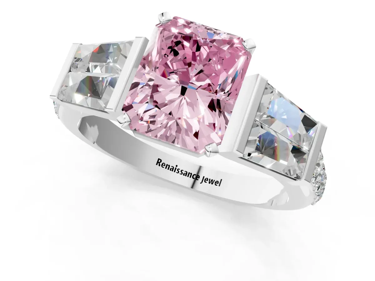Fancy Pink Radiant Cut Diamond Engagement Ring with Baguette Side Stones and Channel Set Band Platinum