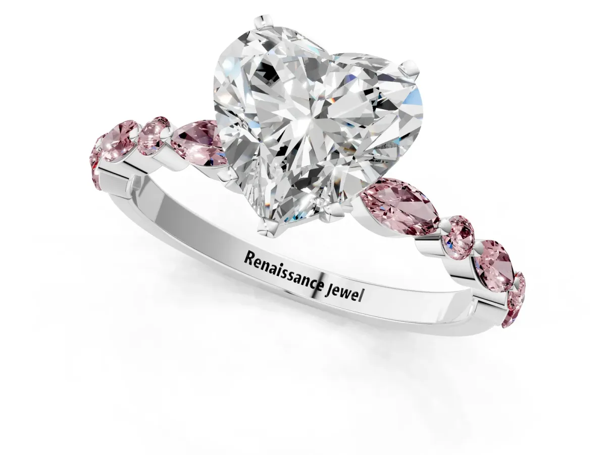 Heart Cut Diamond Ring with Marquise and Round Morganite Side Stones and Four-Prong Setting White gold