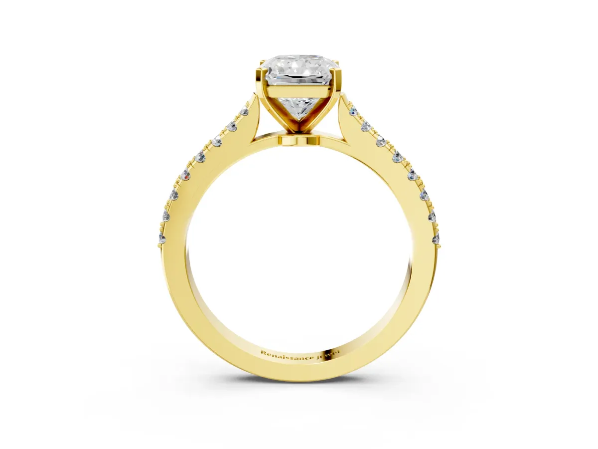 Radiant Cut Cut Solitaire Diamond Engagement Ring with Pave Band and Four-Prong Setting Yellow gold