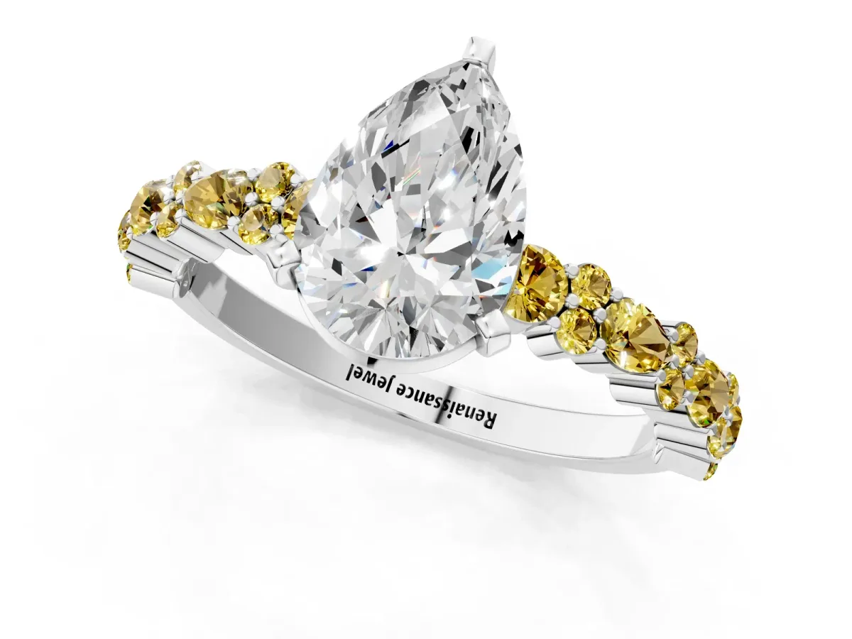 Pear Cut Diamond Side Stone Solitaire Ring with Round Yellow Sapphire and Four-Prong Setting White gold