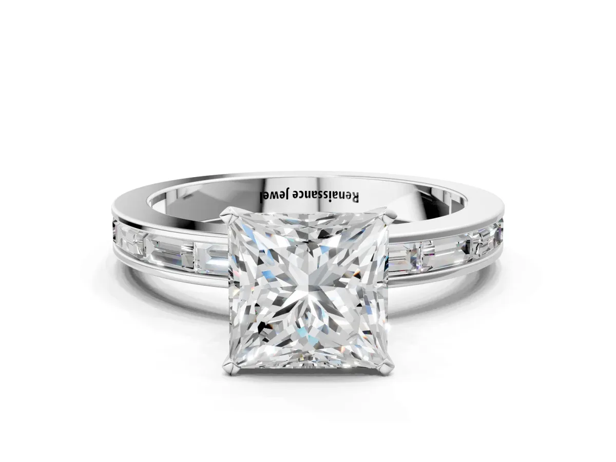 Princess Cut Solitaire Diamond Ring with Channel-Set Baguette Band and Four-Prong Setting White gold