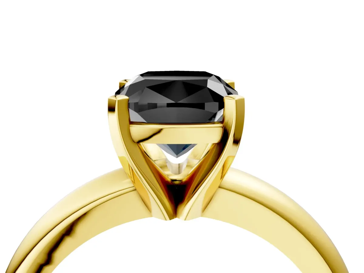Fancy Black Cushion Cut Diamond Solitaire Engagement Ring with Round Band and Four-Prong Setting Yellow gold
