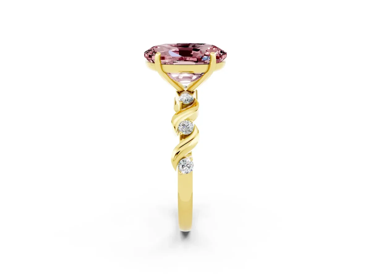 Oval Cut Morganite Solitaire Twisted Band with Round Accents and Prong Setting Yellow gold