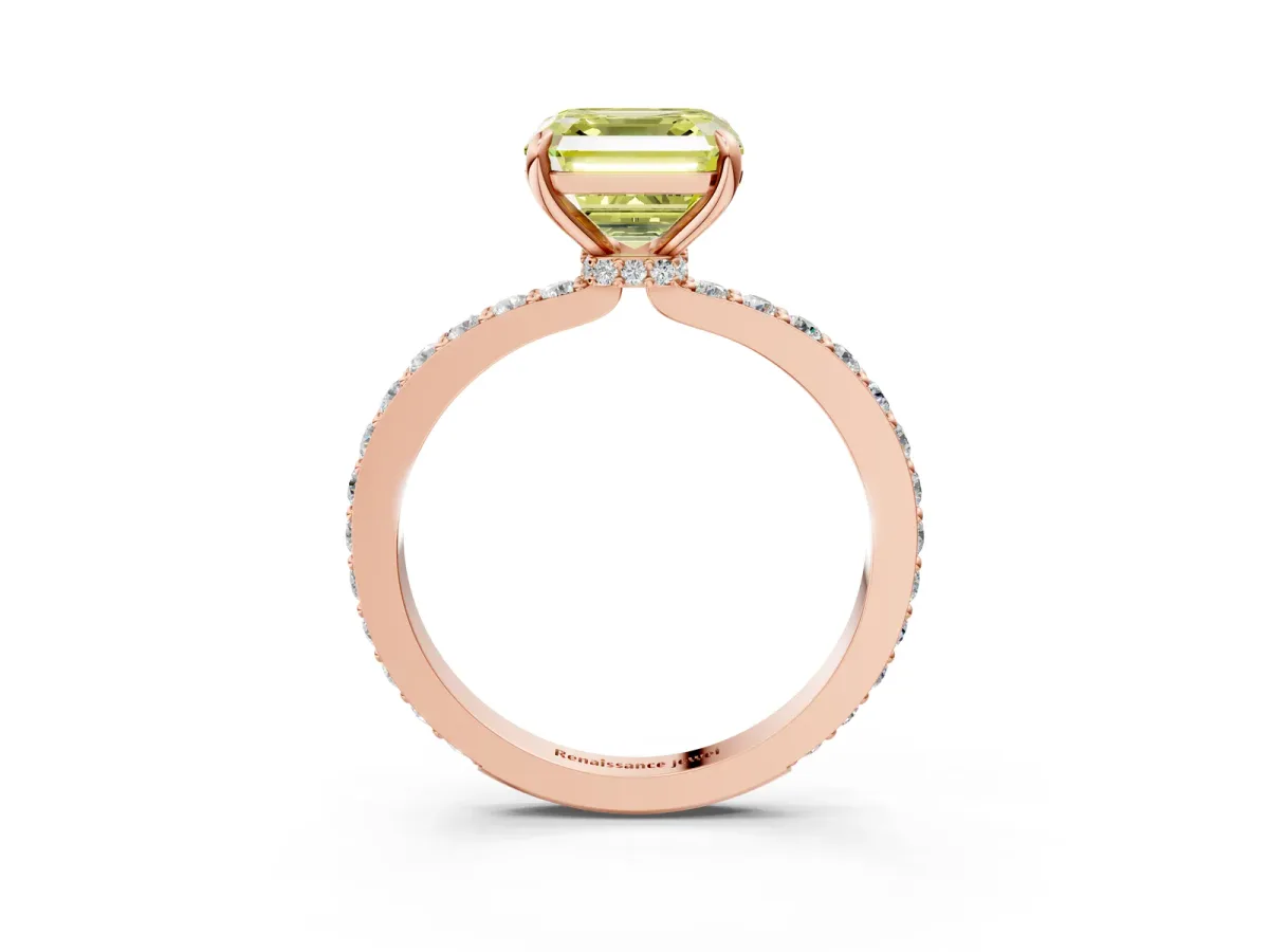 Fancy Yellow Asscher Cut Diamond Solitaire Engagement Ring with Pavé Band and Four-Prong Setting Rose gold