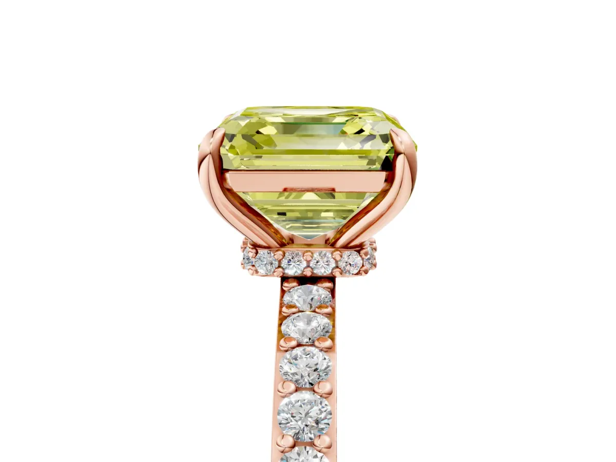 Fancy Yellow Asscher Cut Diamond Solitaire Engagement Ring with Pavé Band and Four-Prong Setting Rose gold