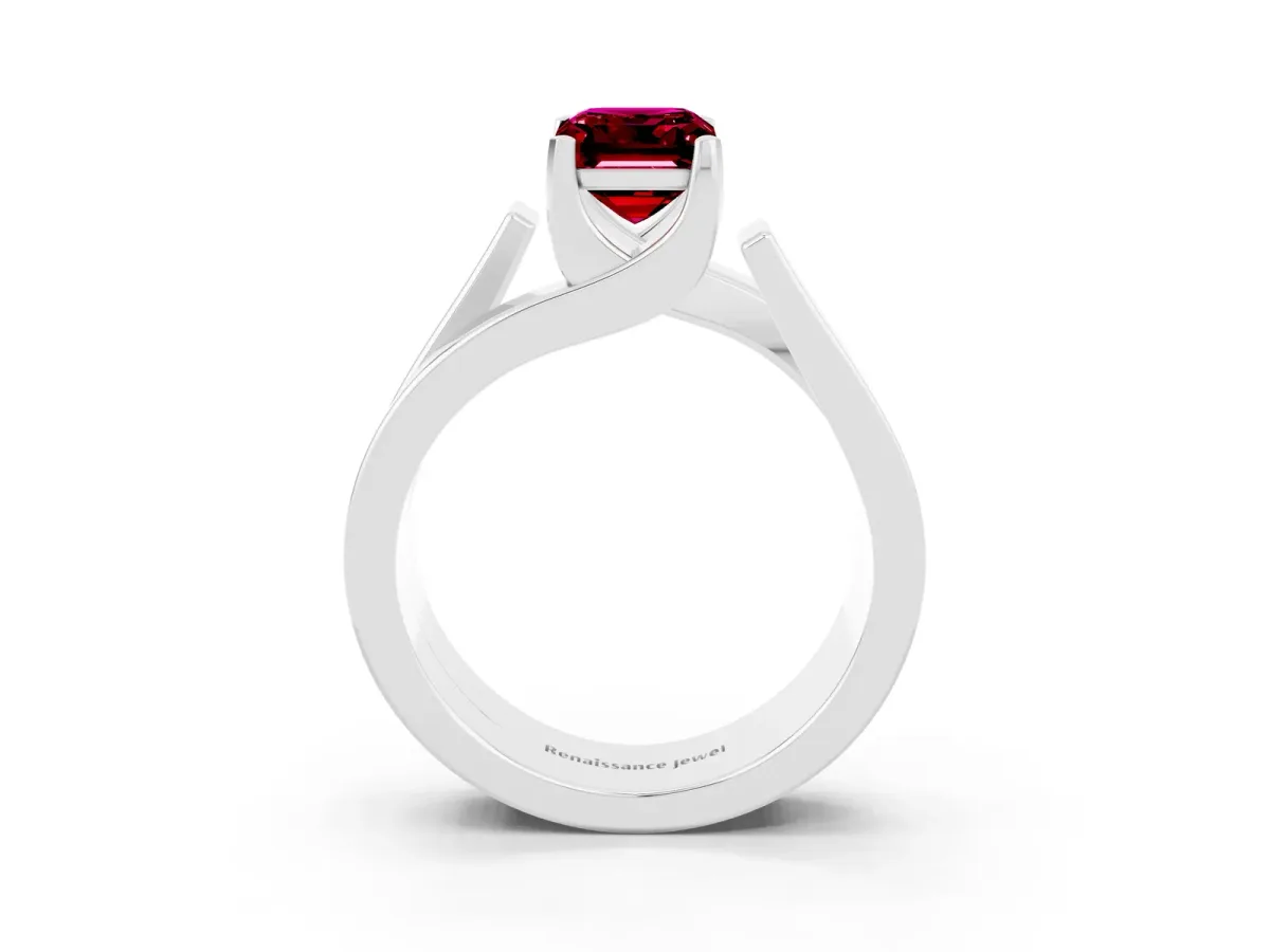 Modern Tension Set Emerald Cut Garnet Solitaire Wide Band Ring Silver