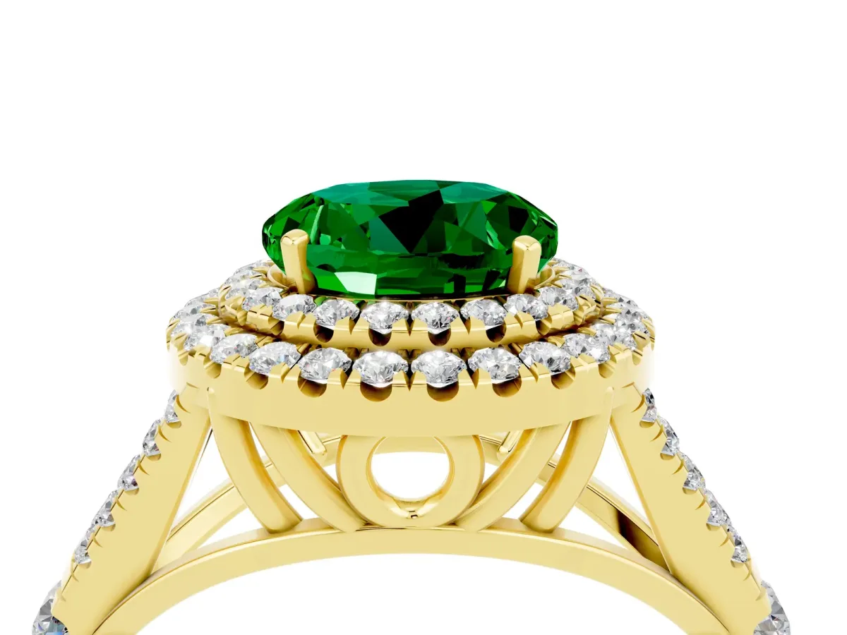 Round Cut Emerald Double Halo Ring with Split Shank and Prong Setting Yellow gold