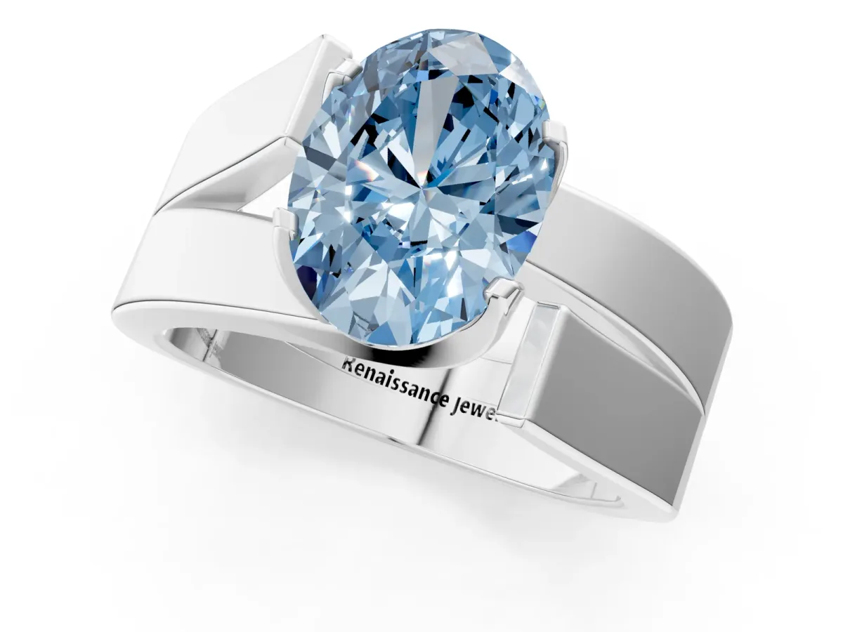 Fancy Blue Modern Tension Set Oval Cut Diamond Solitaire Wide Band Ring Silver