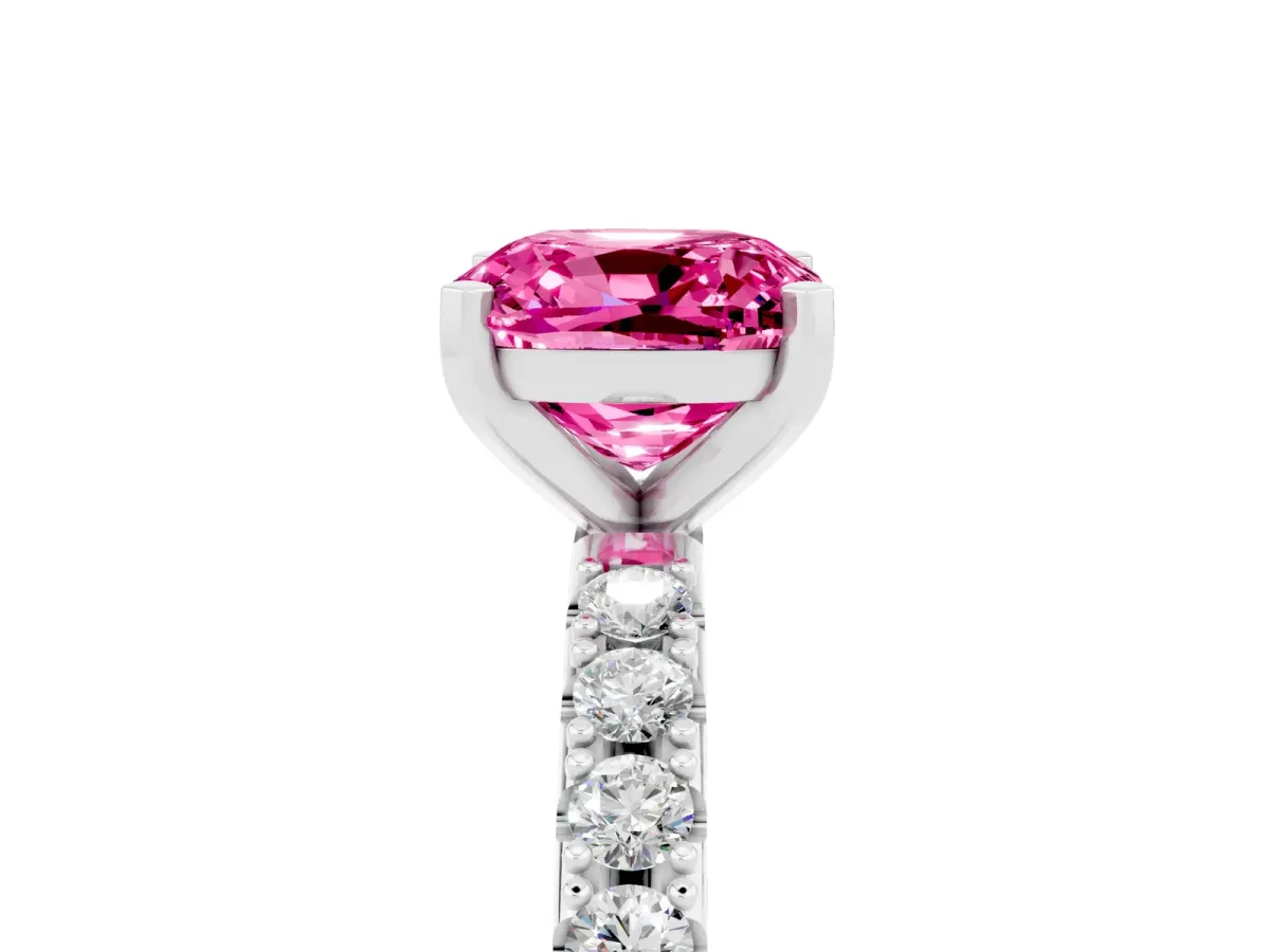 Cushion Cut Pink Sapphire Solitaire Pavé Band with Four-Prong Setting Silver