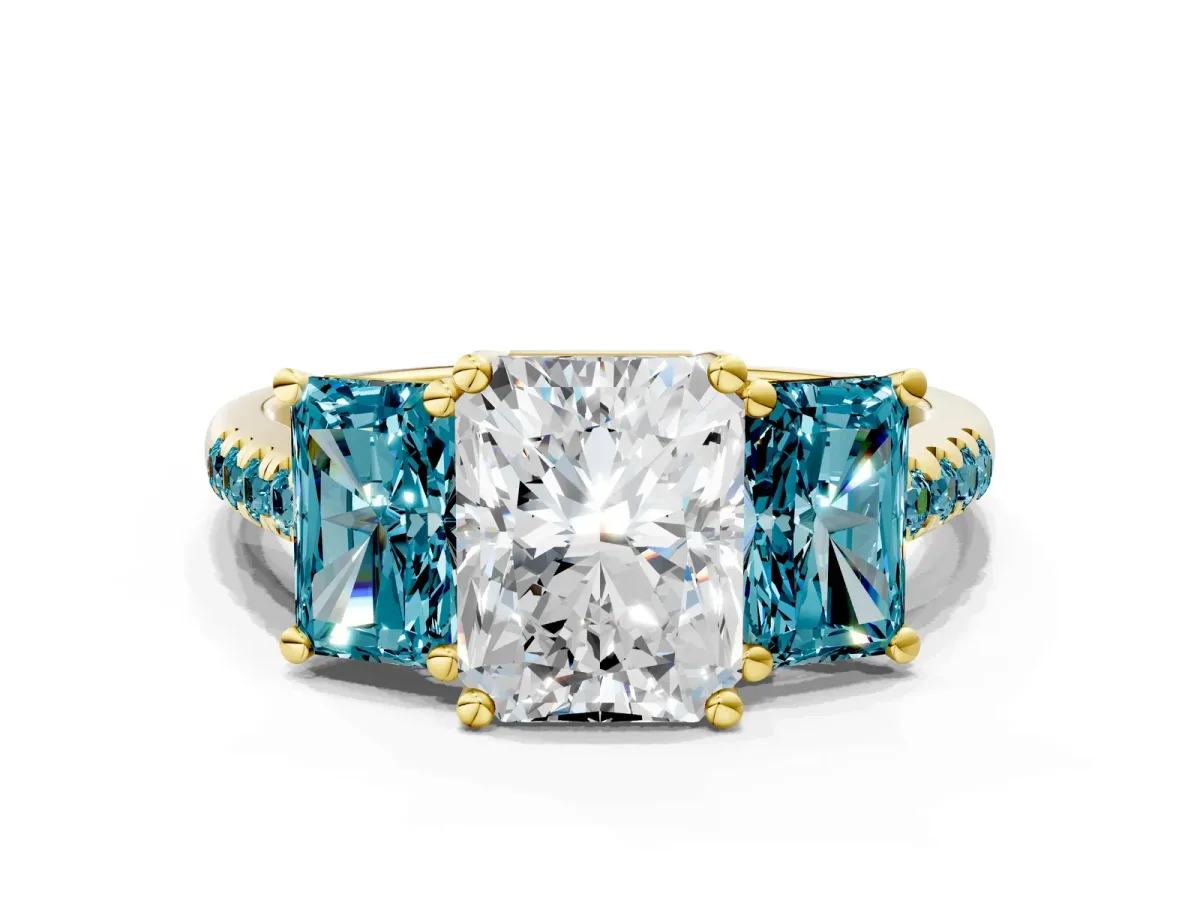 Three-Stone Radiant Cut Diamond Ring with Round Blue Topaz Pavé Band and Prong Setting Yellow gold