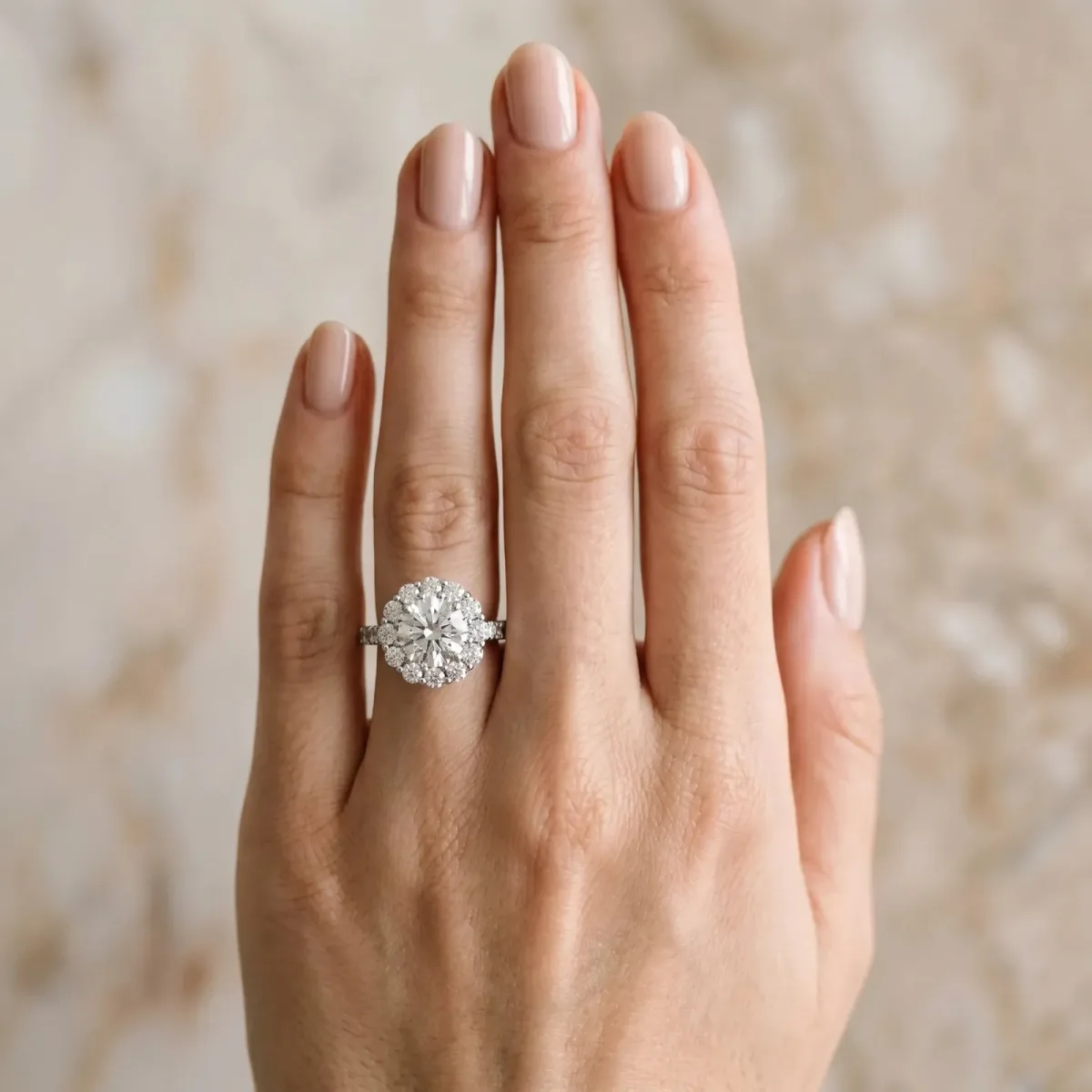 Round Cut Halo Cluster Diamond Engagement Ring with Prong Setting and Polished Band White gold