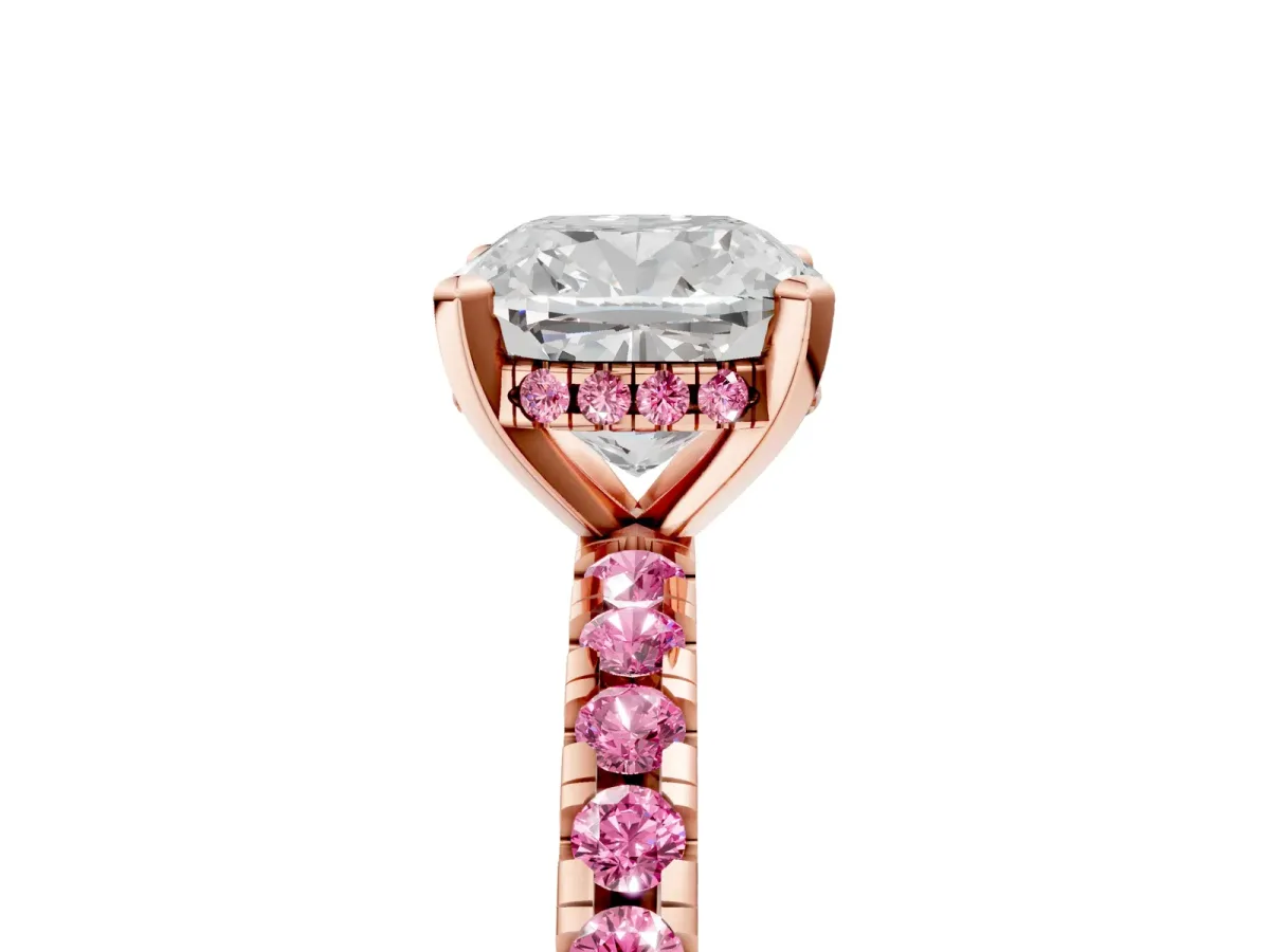 Cushion Cut Diamond Solitaire Ring with Round Pink Sapphire Pavé Band and Four-Prong Setting Rose gold