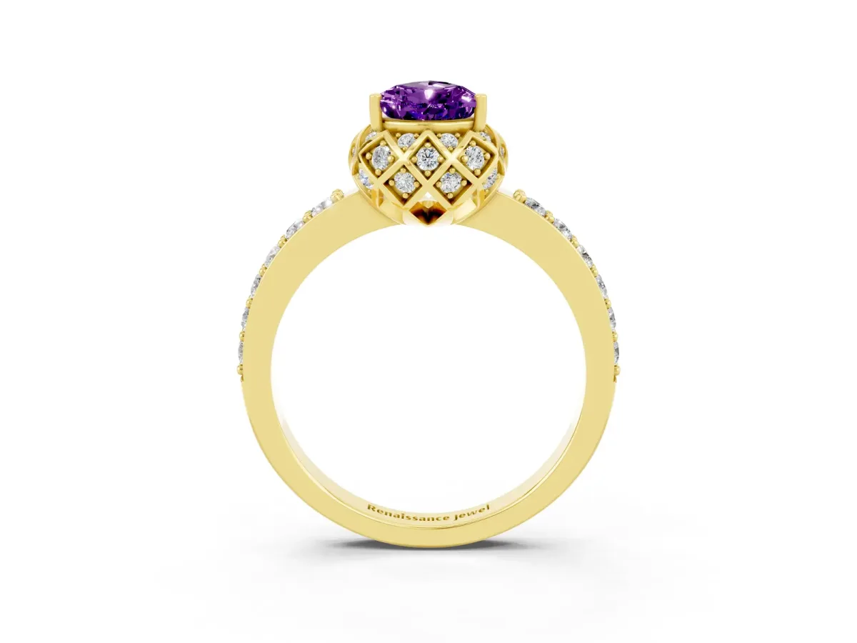 Pear Cut Amethyst Scalloped Halo Engagement Ring with Round Shared Prong Band Yellow gold