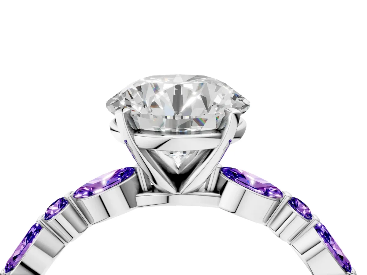 Round Cut Diamond Ring with Marquise and Round Tanzanite Side Stones and Four-Prong Setting White gold