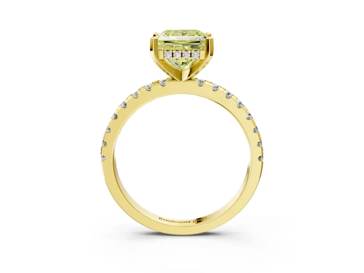 Fancy Yellow Princess Cut Diamond Solitaire Ring with Round Pavé Band and Four-Prong Setting Yellow gold