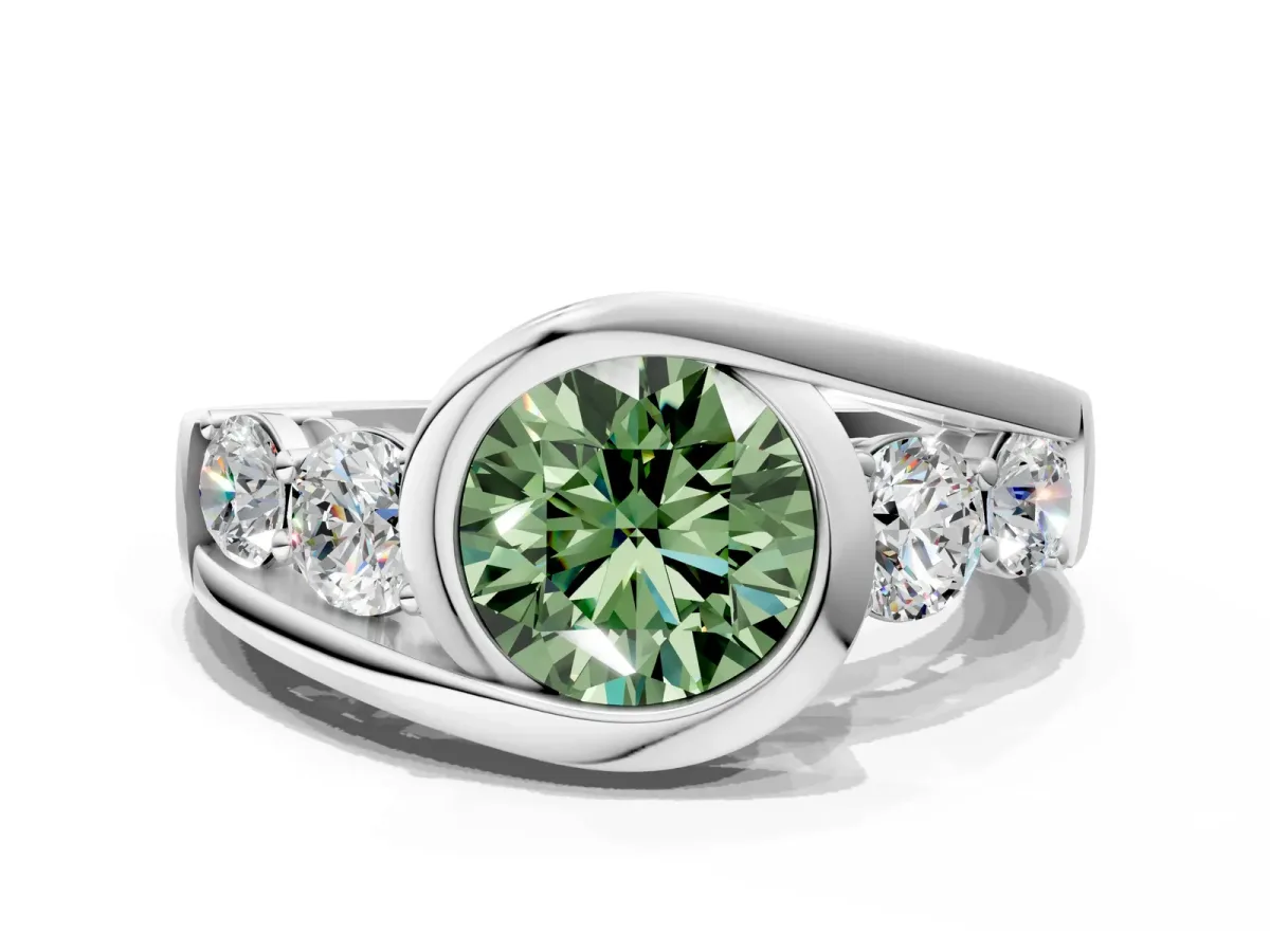 Fancy Green Bezel Set Round Cut Diamond Bypass Ring with Round Accents Platinum