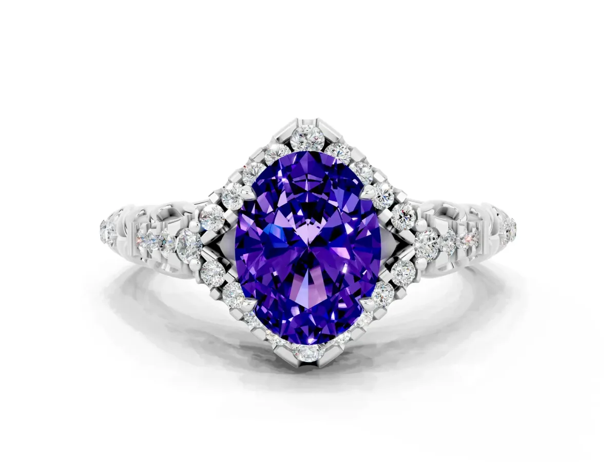 Oval Cut Tanzanite Solitaire Ring with Hidden Halo and Pavé Band White gold