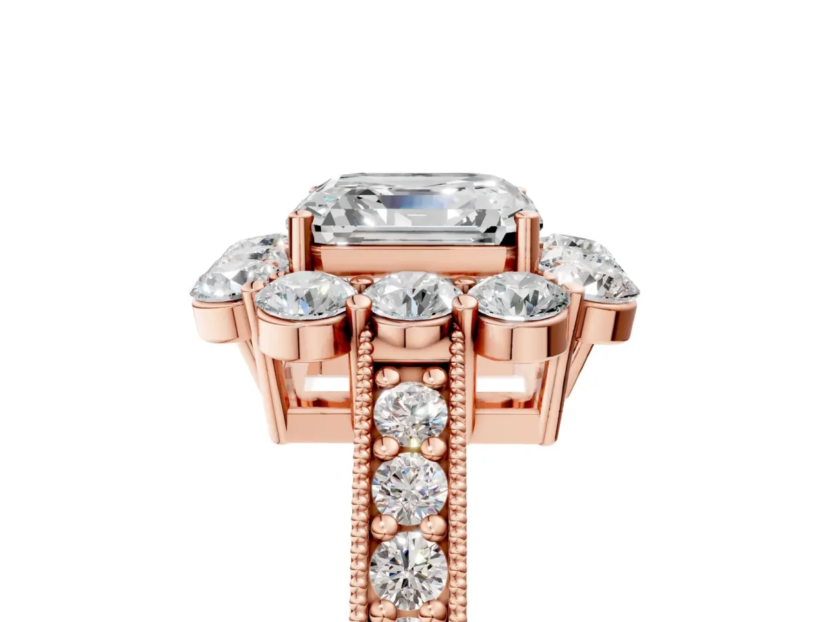 Asscher Cut Cut Halo Diamond Pavé Engagement Ring with Milgrain Detailing Rose gold