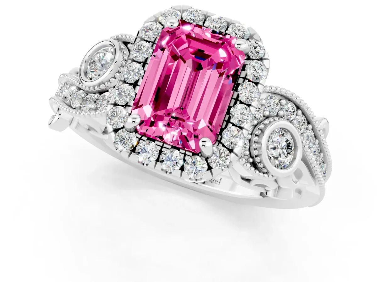 Emerald Cut Pink Sapphire Halo Ring with Milgrain Pavé Band and Four-Prong Setting White gold