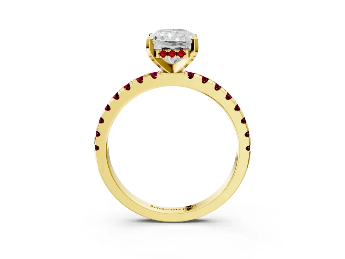 Radiant Cut Diamond Solitaire Ring with Round Garnet Pavé Band and Four-Prong Setting Yellow gold