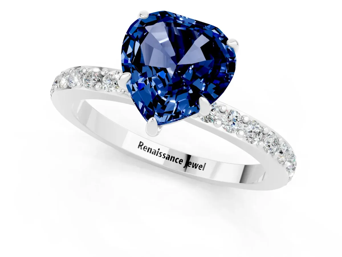 Heart Cut Blue Sapphire Solitaire Engagement Ring with Pavé Band and Four-Prong Setting White gold