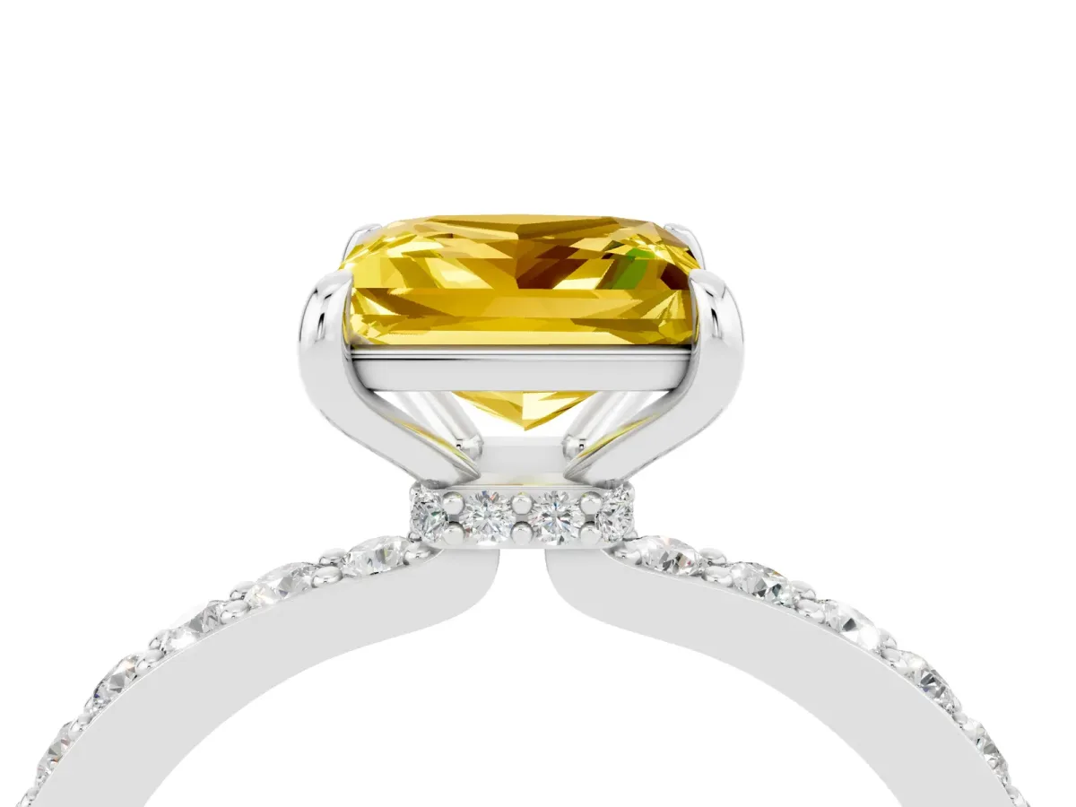Princess Cut Yellow Sapphire Solitaire Engagement Ring with Pavé Band and Four-Prong Setting White gold