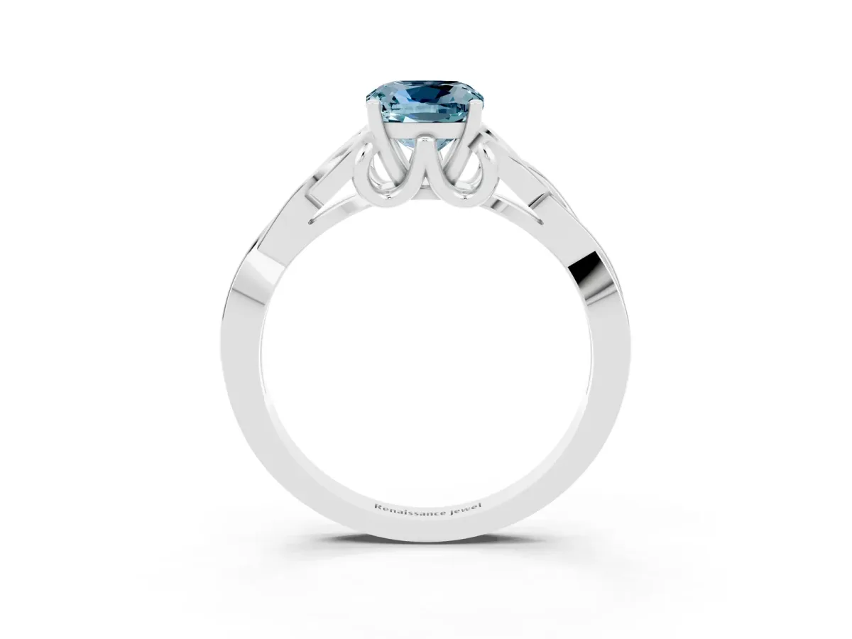 Cushion Cut Aquamarine Solitaire Engagement Ring with Celtic Knot Band and Four-Prong Setting White gold