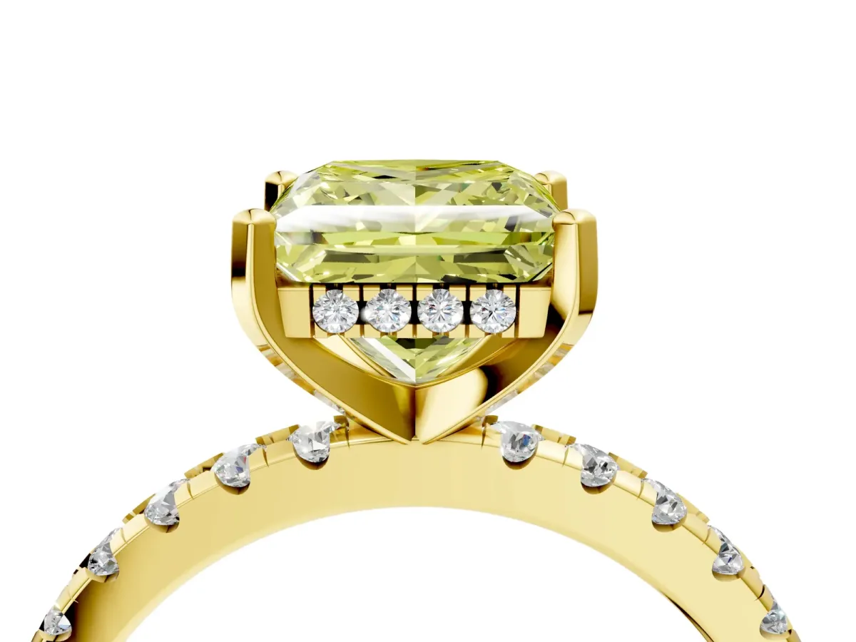 Fancy Yellow Princess Cut Diamond Solitaire Ring with Round Pavé Band and Four-Prong Setting Yellow gold