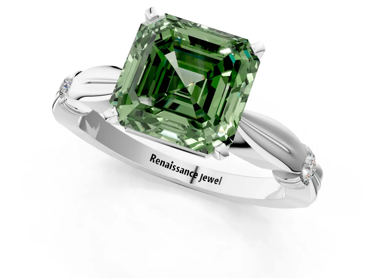 Fancy Green Asscher Cut Solitaire Diamond Twisted Band with Four-Prong Setting Platinum