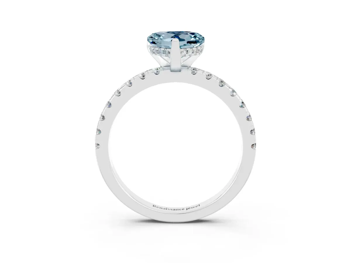 Heart Cut Aquamarine Solitaire Ring with Round Pavé Band and Four-Prong Setting White gold