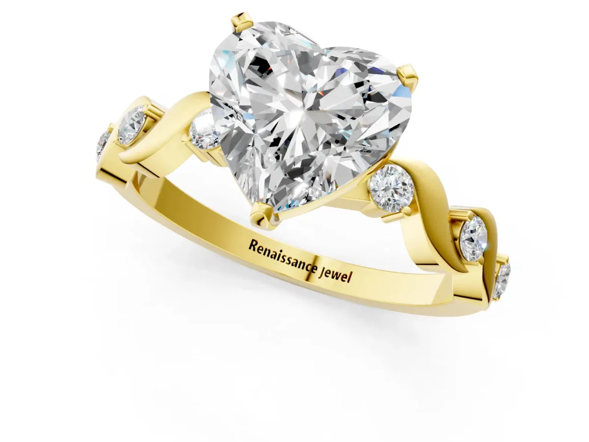 Heart Cut Diamond Solitaire Twisted Band with Round Accents and Prong Setting Yellow gold