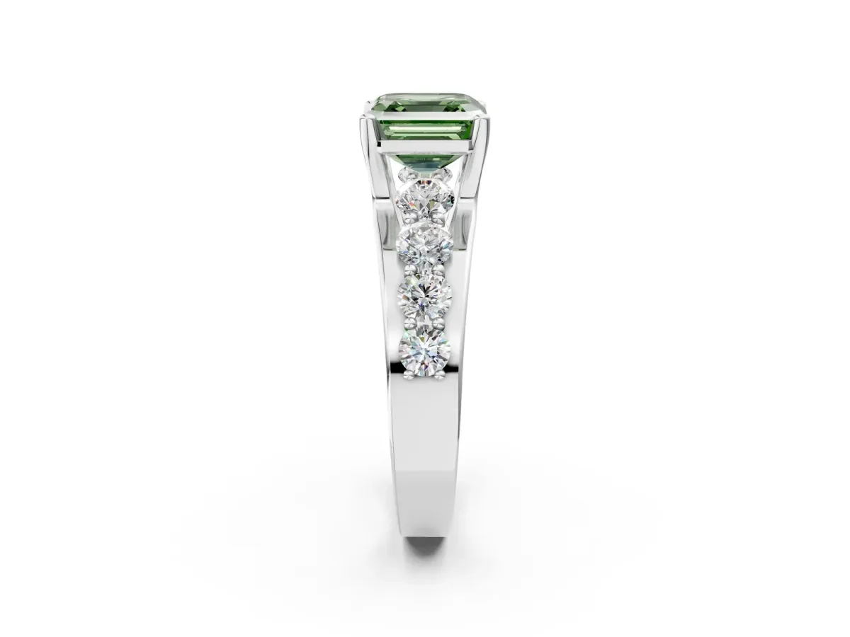 Fancy Green Asscher Cut Brilliant Solitaire with Side Stones on a Pave Band and Four-Prong Setting Platinum