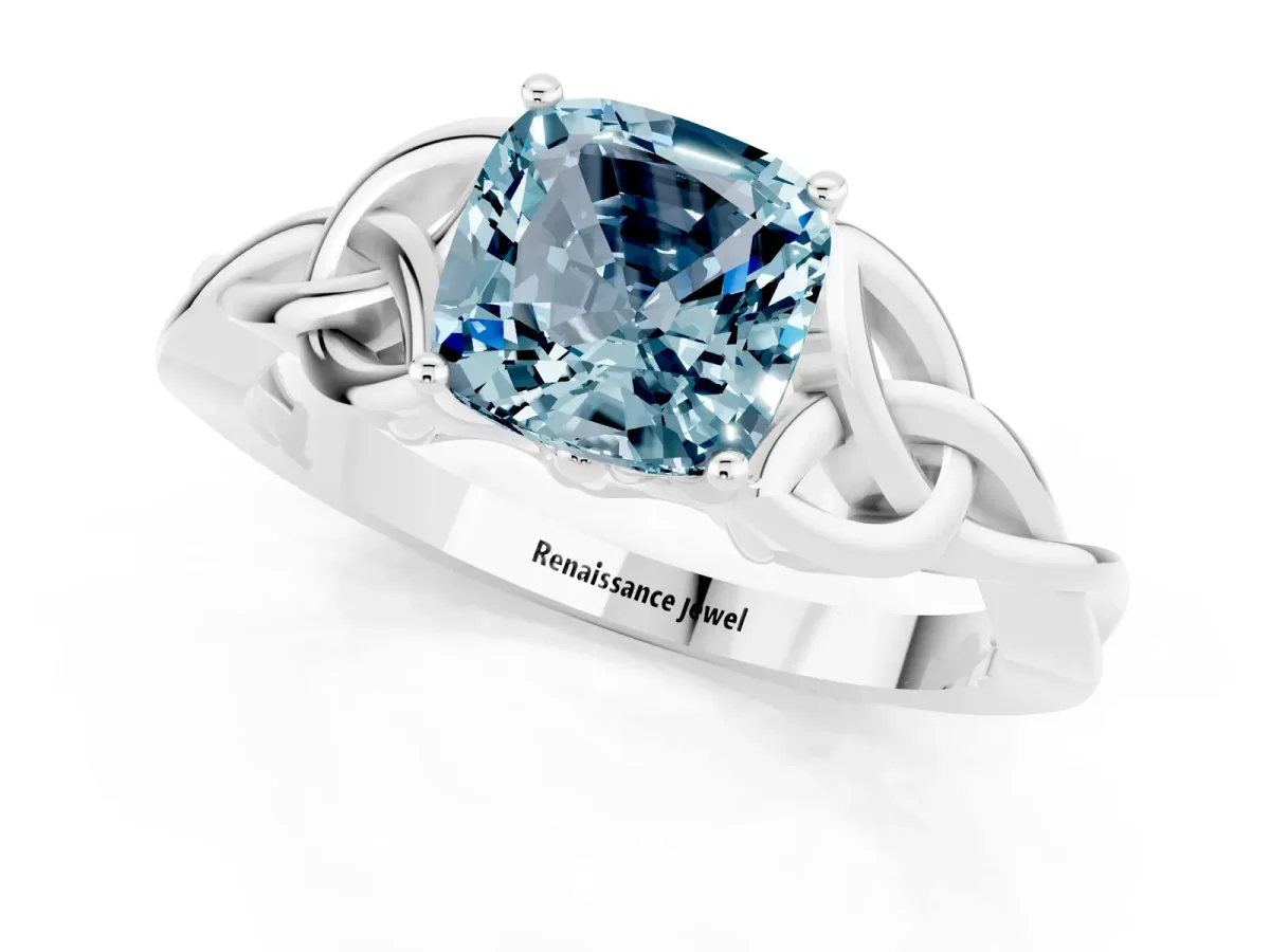 Cushion Cut Aquamarine Solitaire Engagement Ring with Celtic Knot Band and Four-Prong Setting White gold