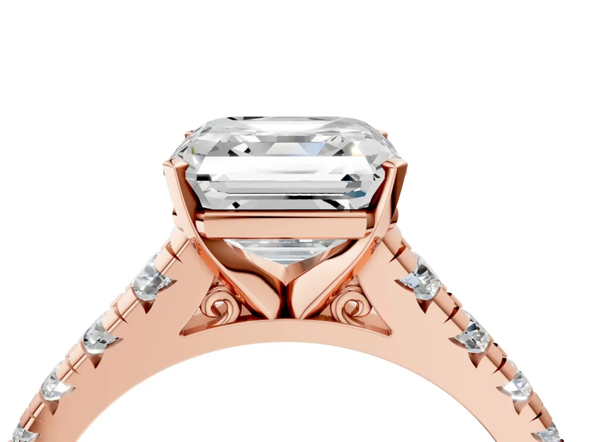 Asscher Cut Diamond Cathedral Solitaire Ring with Round Moissanite Pavé Band Rose gold