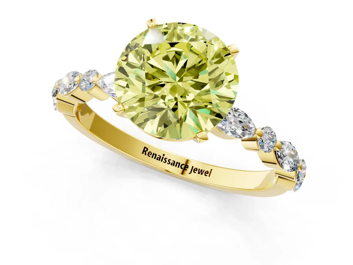 Fancy Yellow Round Cut Diamond Ring with Marquise and Round Side Stones and Four-Prong Setting Yellow gold