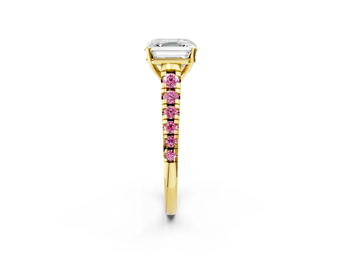 Asscher Cut Diamond Cathedral Solitaire Ring with Round Pink Sapphire Pavé Band Yellow gold