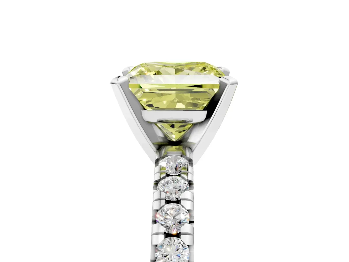 Fancy Yellow Princess Cut Diamond Solitaire Pavé Engagement Ring with Round Band and Prong Setting White gold