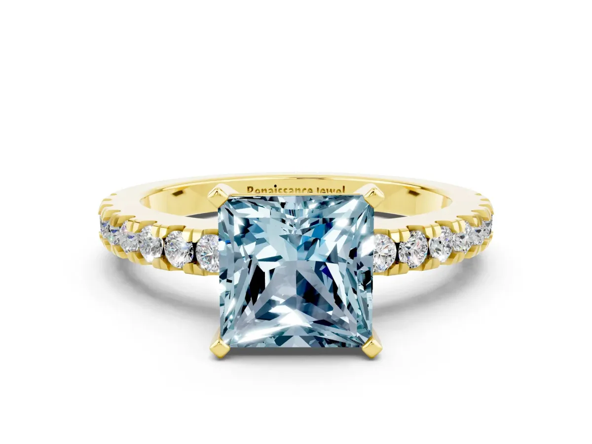 Princess Cut Solitaire Aquamarine with Pavé Band and Four-Prong Setting Yellow gold