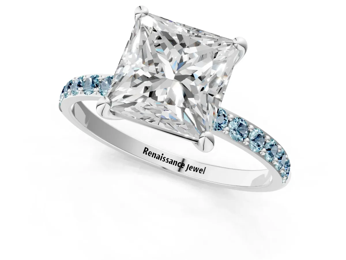 Princess Cut Diamond Solitaire Ring with Round Aquamarine Pavé Band and Prong Setting White gold