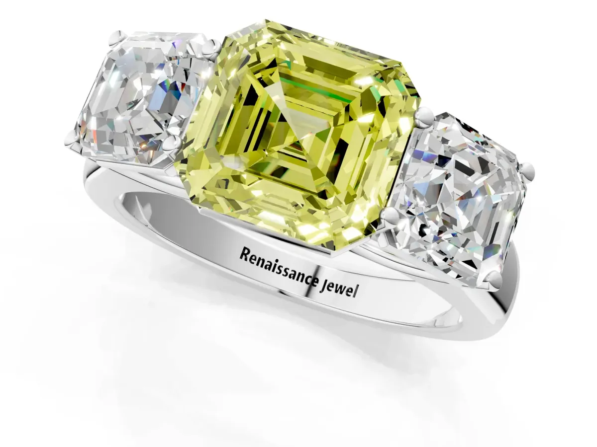 Fancy Yellow Asscher Cut Three-Stone Diamond Ring with Prong Setting on a Classic Band Platinum