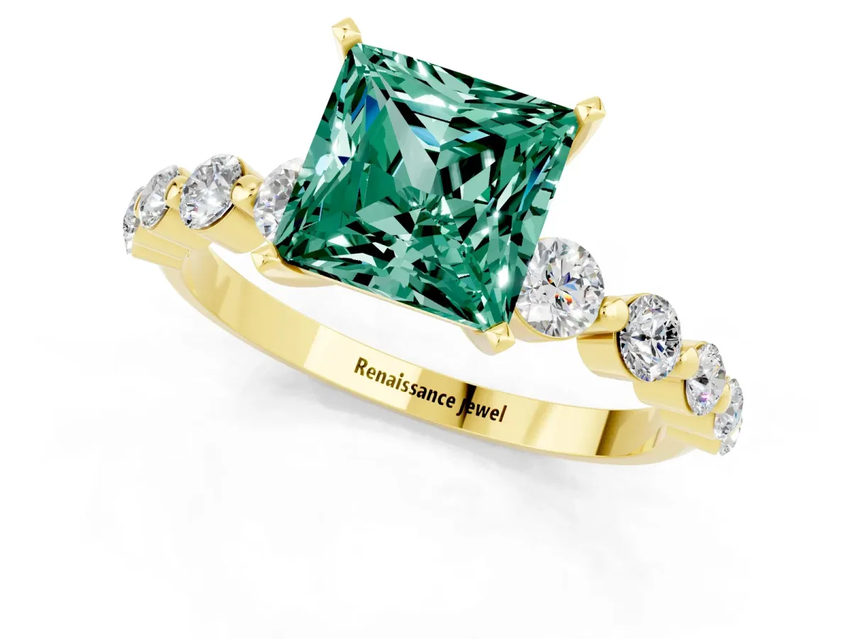 Princess Cut Solitaire Green Sapphire Ring with Pave Band and Four-Prong Setting Yellow gold