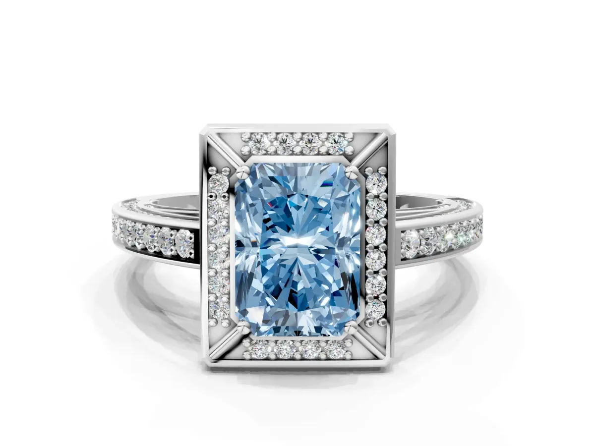 Fancy Blue Radiant Cut Cut Halo Pave Split Shank Prong Setting Ring Platinum