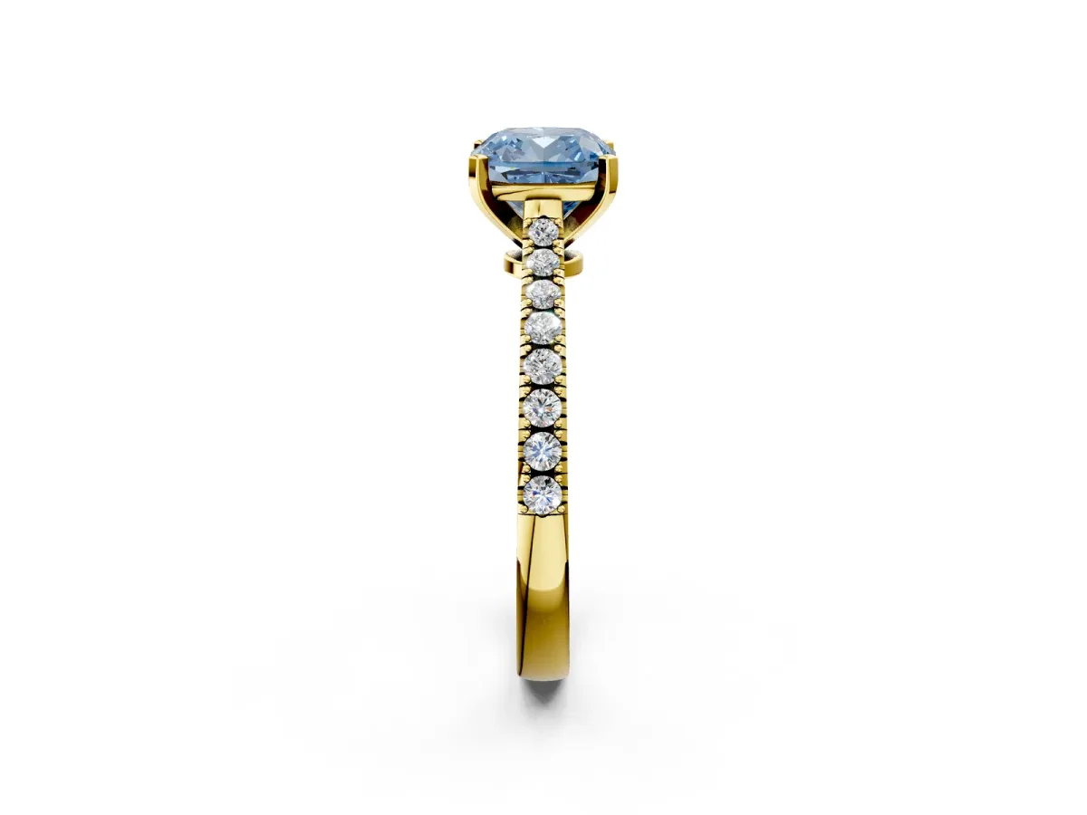 Fancy Blue Cushion Cut Cut Solitaire Diamond Engagement Ring with Pave Band and Four-Prong Setting Yellow gold