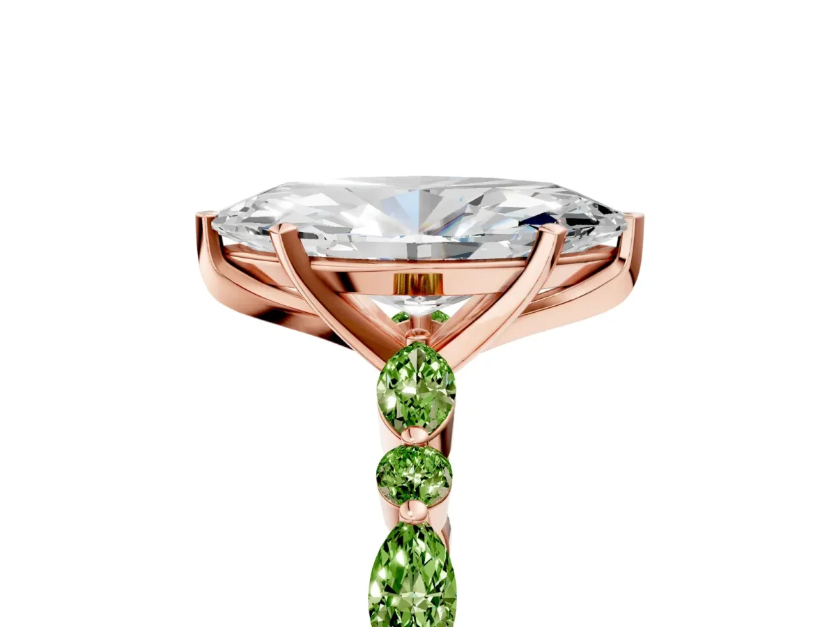 Marquise Cut Diamond Ring with Marquise and Round Peridot Side Stones and Four-Prong Setting Rose gold