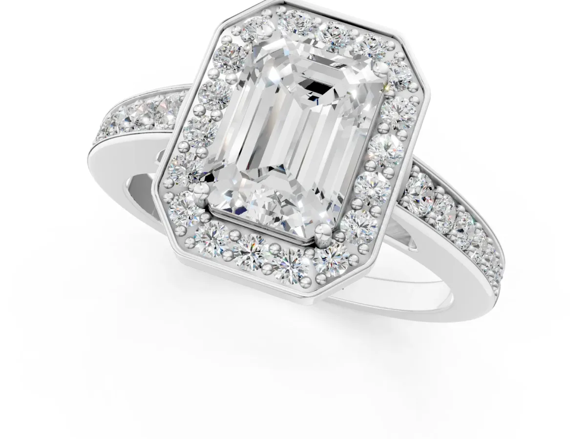 Emerald Cut Halo Pavé Diamond Engagement Ring with Bezel Setting Silver