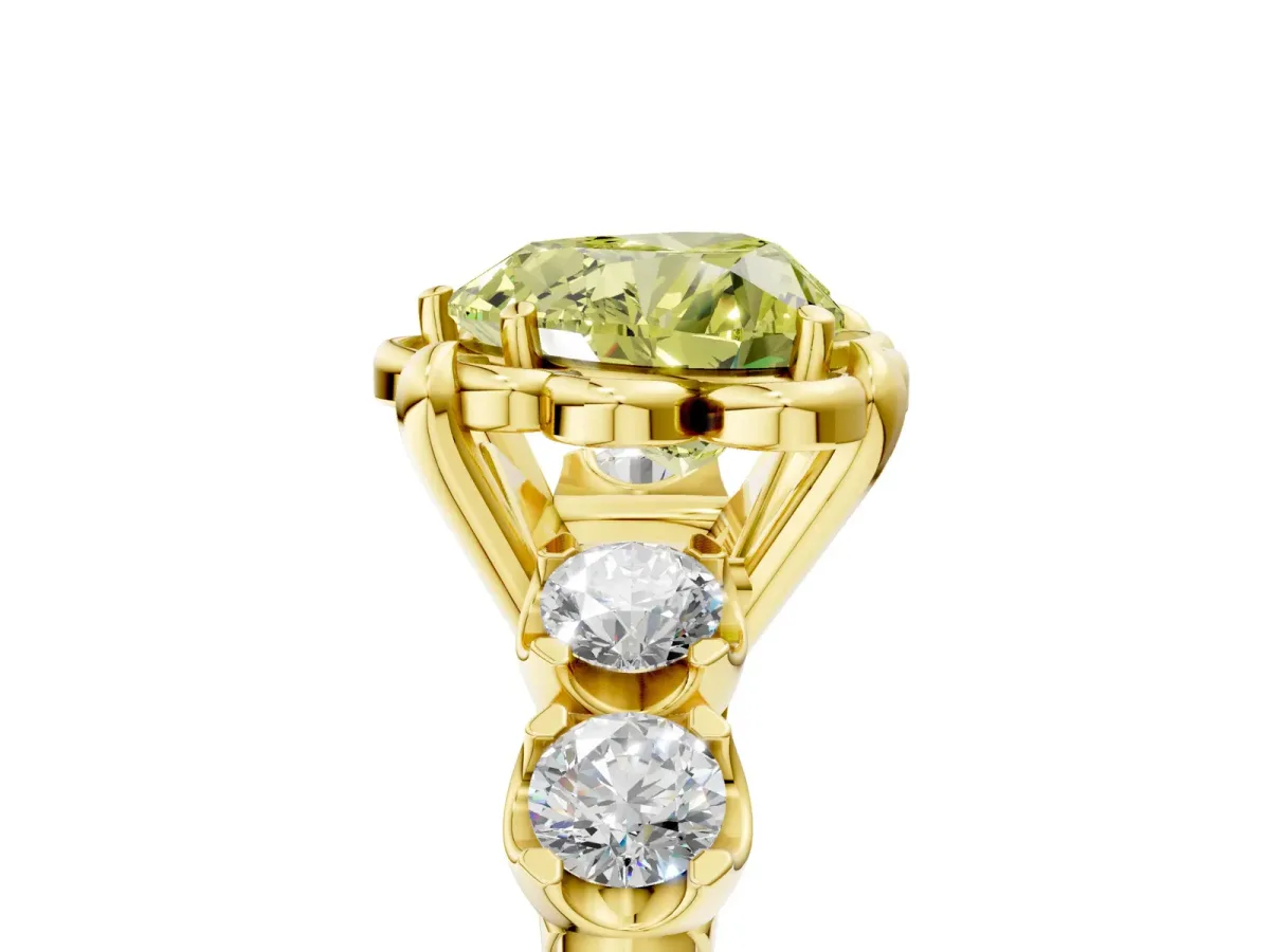 Fancy Yellow Heart Cut Cut Diamond Floral Halo Engagement Ring with Shared Prong Setting Yellow gold