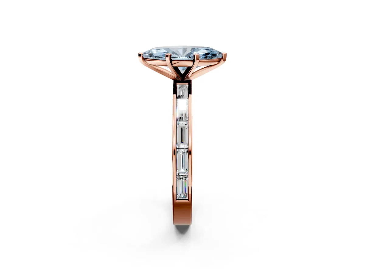 Fancy Blue Marquise Cut Solitaire Diamond Ring with Channel-Set Baguette Band and Four-Prong Setting Rose gold