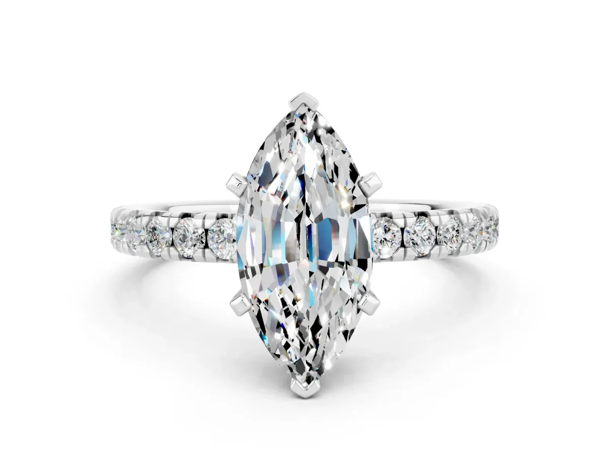 Marquise Cut Moissanite Solitaire Pavé Engagement Ring with Round Band and Prong Setting White gold
