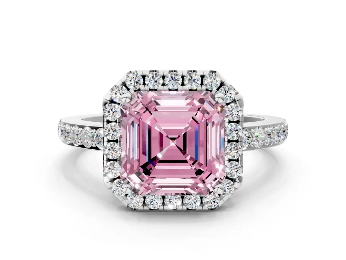 Fancy Pink Asscher Cut Halo Diamond Pavé Band Ring with Prong Setting Silver